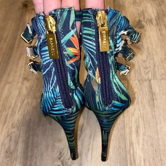 Express Cabana Stiletto High Heels Strappy Blue Green Floral Beach Summer sz 8 - Picture 5 of 11